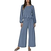 Dorwon Womens Boho 2-Piece Smocked Lounge Set Long Sleeve Ruffle Top Wide Leg Pants