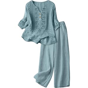 Linen Sets for Women 2 Piece Pants Comfy Henley 3/4 Sleeve Embroidered Tops Linen Pants Set Cute Matching Lounge Set