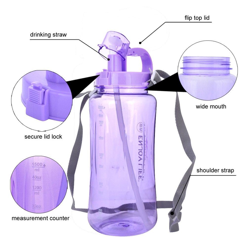 GTI 2L Large Capacity Sports Water Bottle, BPA Free 2 Liter 68 oz Wide Mouth Portable Big Plastic Bottle Leak Proof Space Cup Travel Mugs with Scale Straw Strap