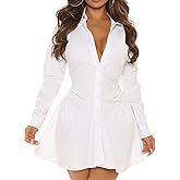 SUNNOW Women's Short Shirt Dress, Long Sleeve V-Neck Button Down Tunic with Ruched Waist, Casual Collared Mini Dress