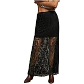 GORGLITTER Women's Y2k Lace Maxi Long Skirt Sexy See Through Low Waisted Bodycon Skirts Vacation Festival Outfits