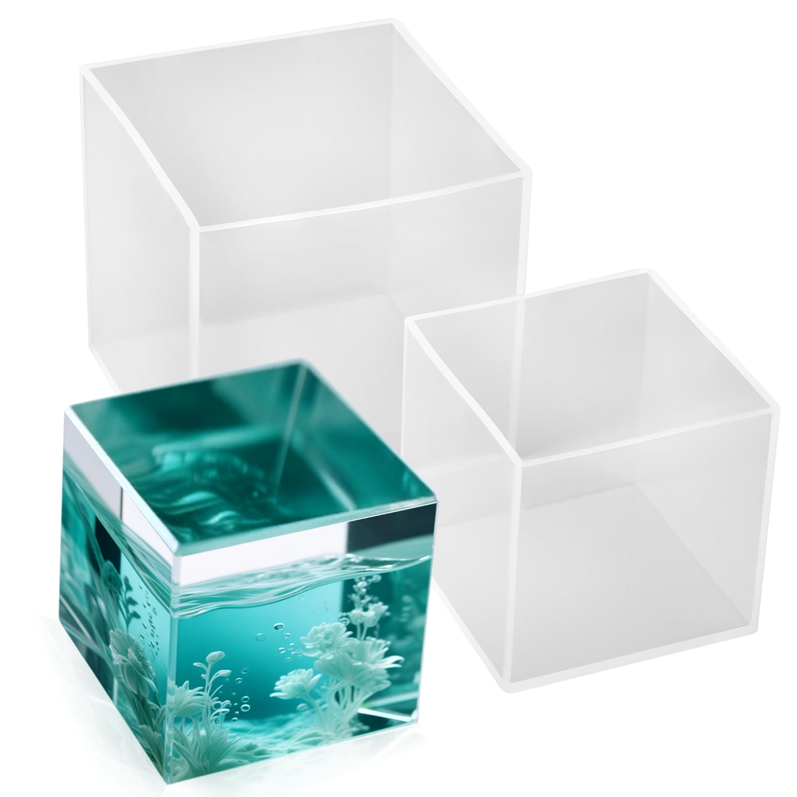 Photo 1 of 2 Packs Large Square Resin Molds Casting Molding Square Resin Mold Transparent Deep Cube Silicone Mold for DIY Craft Making Silicone Clear Casting Molds(3"&4")