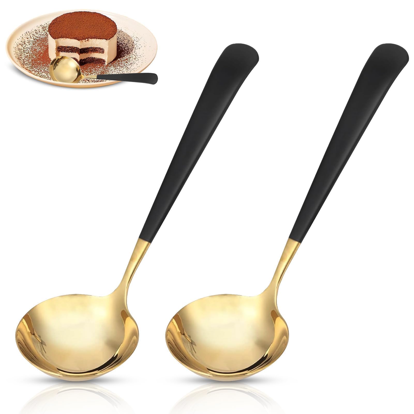Soup Ladle, 2 Piece Soup Spoon Stainless Steel Soup Ladle Round Ladle with Long Handle Kitchen Serving Silver Spoon for Stew for Home Kitchen Restaurants (Black and Gold)