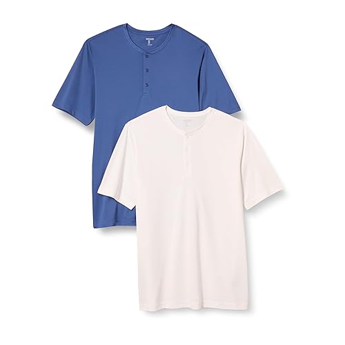 Amazon Essentials Henley Shirts for Men, Short Sleeve, Quick-Dry Jersey, Regular-Fit, 2-Pack, Blue/White, Large