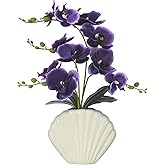 YSZL Artificial Phalaenopsis Orchid Plant in Seashell Pot, 16" Fake Orchid Flowers, Silk Faux Orchids for Home Decor, Office, Table Centerpiece, Real Touch Lifelike Indoor House Plant (Deep Purple)