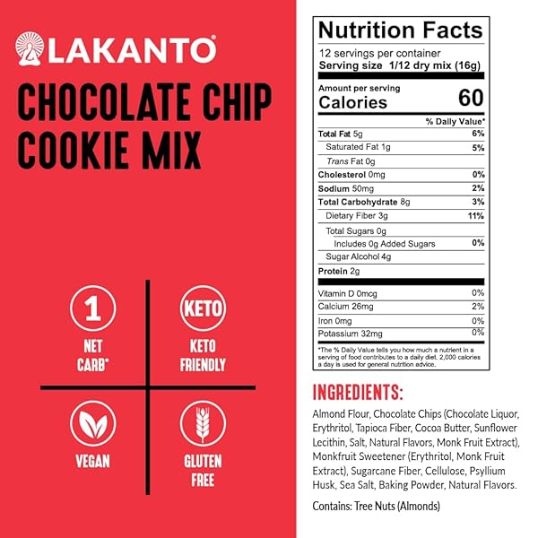 LAKANTO SUGAR FREE CHOCOLATE CHIP COOKIE MIX – SWEETENED WITH MONK FRUIT SWEETENER, GLUTEN FREE, KETO DIET FRIENDLY, VEGAN, 2G NET CARB, ALMOND FLOUR, SEA SALT (12 COOKIES)
