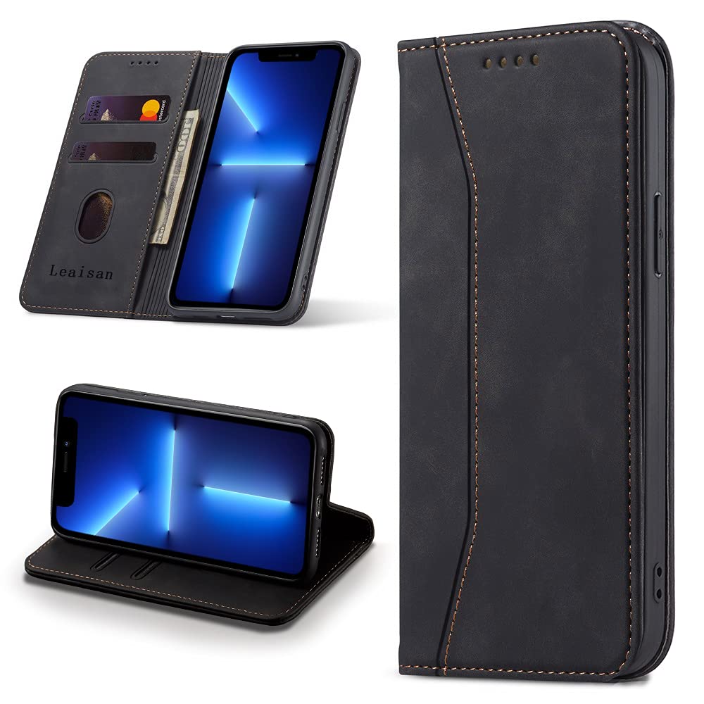 Leaisan Mobile Phone Case for iPhone 13 Pro Max, Apple Phone Cases, Premium Leather Flip Foldable Shockproof Magnetic [Stand Function] [Card Slots] Protective Case for iPhone 13 Pro Max 5G - Black