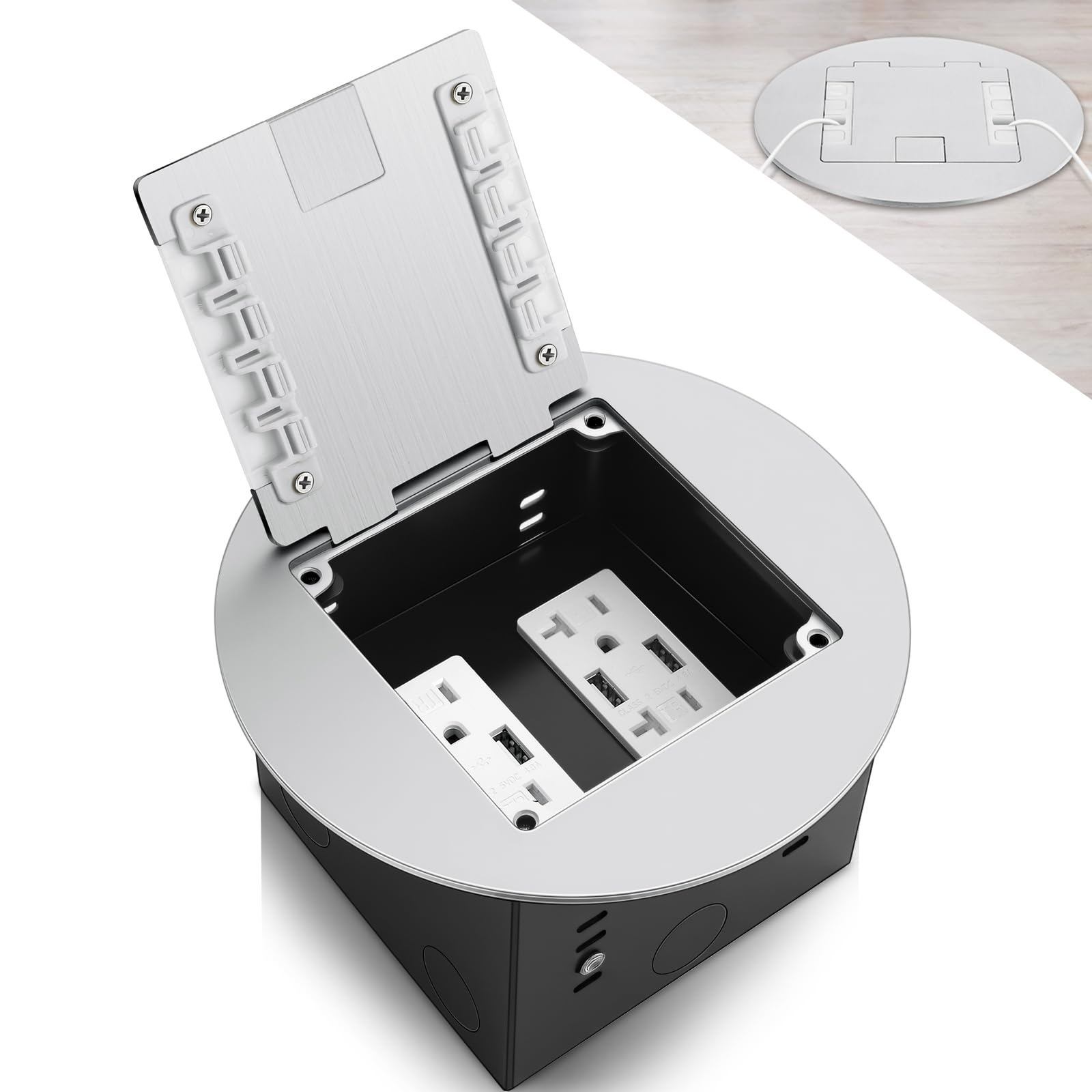 Photo 1 of Chapou 1 Pcs Recessed Floor Outlet 4. 72" x 4. 72" x 3. 94" 2-Gang with 4. 8a USB Chargers 20 Amp Floor Receptacles Round Hidden Outlet Kit Electrical Waterproof Box, Etl Listed (Silver)