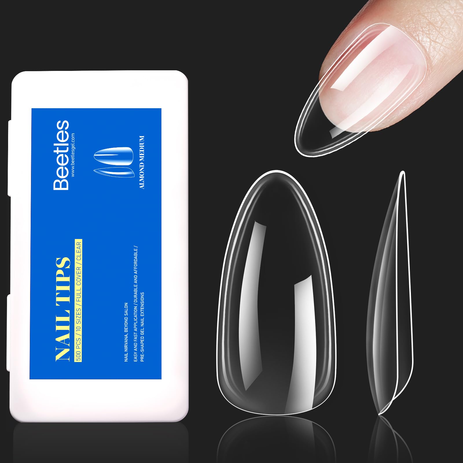 Beetles Gel Nail Tips Kit 500Pcs Clear Full Cover Medium Almond Pre-shaped False Nails for Gel Polish, Soak Off Easy Nail Extensions Acrylic Nails False Press on Nail Tips