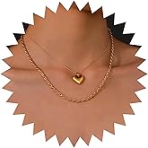 Andelaisi Boho Layered Heart Choker Necklace Vintage Puffy Heart Pendant Necklace Gold Chunky Chain Necklace Love Heart Necklace Jewelry for Women