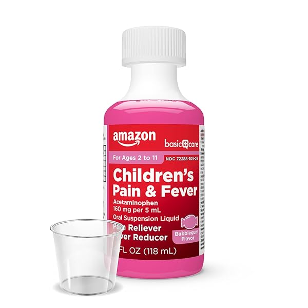 AMAZON BASIC CARE CHILDREN’S PAIN RELIEVER AND FEVER REDUCER, ACETAMINOPHEN 160 MG PER 5 ML, BUBBLEGUM FLAVOR, FOR HEADACHE AND SORE THROAT, AGES 2-11 YEARS, 4 FL OZ