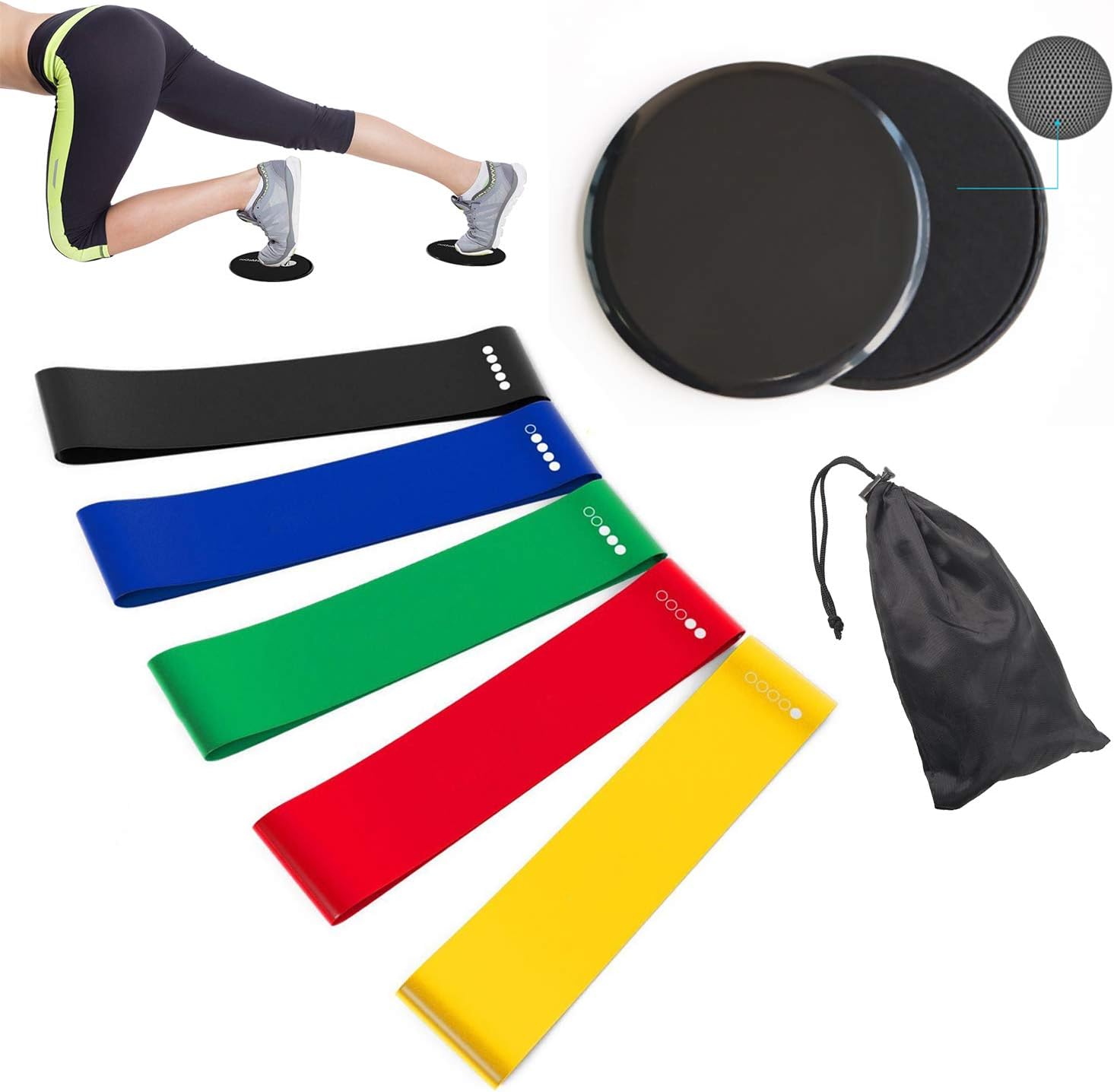 Rantizon Resistance Bands and Sliders Gliding Discs Core Sliders and Exercise Resistance Loop Bands, Set of 5 Natural Latex Workout Bands, Gym/Fitness/Stretch/Yoga/Pilates