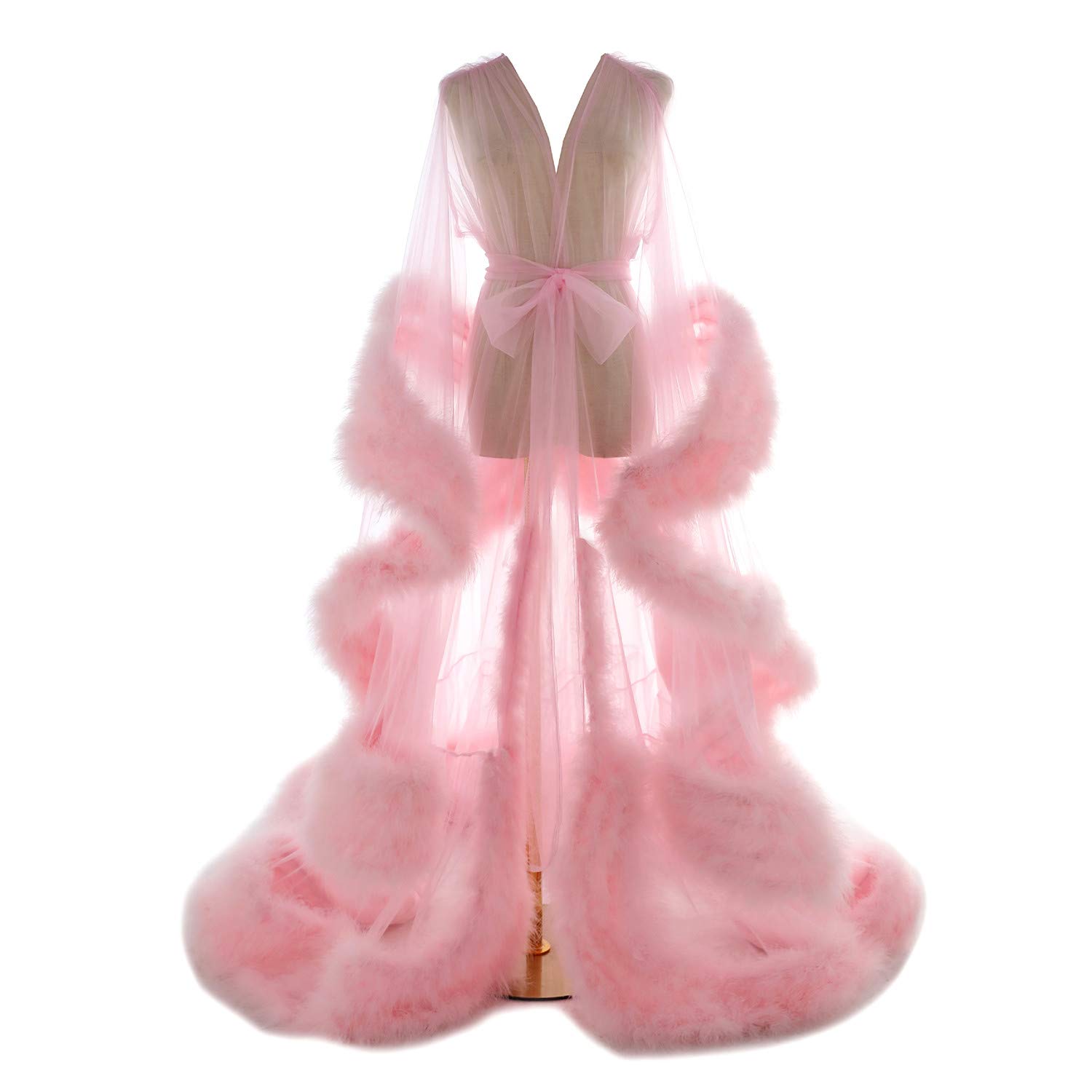 Photo 1 of Wedding Scarf Feather Tulle Bathrobe Perspective Pregnant Photoshoot Pink Bridal Robe Long Lingerie Sleepwear Swimwear