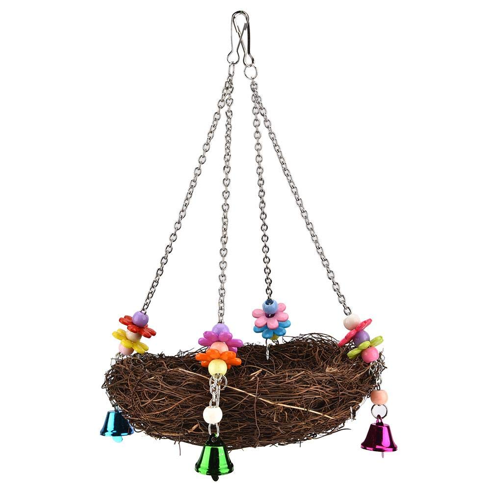 Bird Cage Toys, Natural Rattan Birds Nest with 4 Metal Bells for Budgies Cockatiel Parrots Parakeets Lovebirds African Greys Cockatoo Biting Chewing Swing Standing Perching Toy Pet Supplies