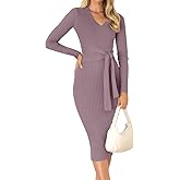 ZESICA Women's 2026 Spring Sweater Dress V Neck Long Sleeve Ribbed Knit Tie Waist Bodycon Slim Fit Midi Dresses