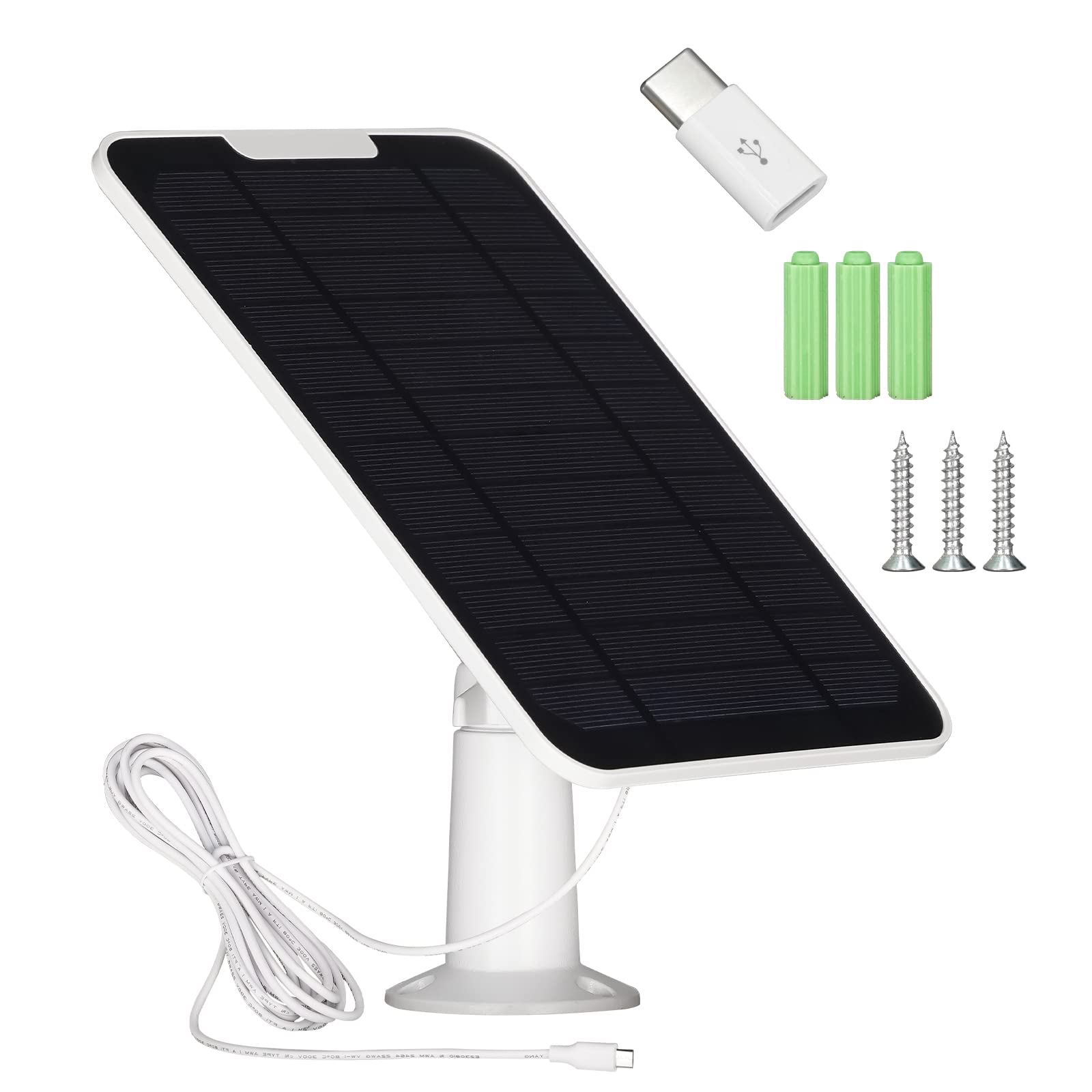 Photo 1 of Upgrade 5V 6W Solar Panel for Security Camera, Compatible with Eufycam 2C/2C Pro/2/2 Pro/E20/E40/E, with Micro USB Port, USB-C Adapter and 9.8ft/3m Charging Cord, 1 Pack, White