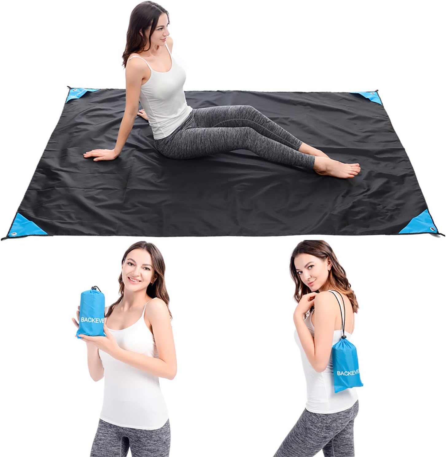 Beach Blanket, Backever Outdoor Picnic Blanket Compact Pocket Waterproof Ground Cover Sand Proof Crawling Mat 78" x 59" with Carabiner Tent Pegs for Travel, Hiking, Camping, Festival and Sports