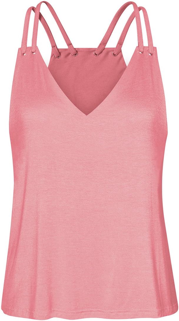 Aotifu Women's V Neck Sleeveless Vest Tunic Tops Casual Loose Solid Frill Smocked Double Crop Tank Shoulder Strap Vest