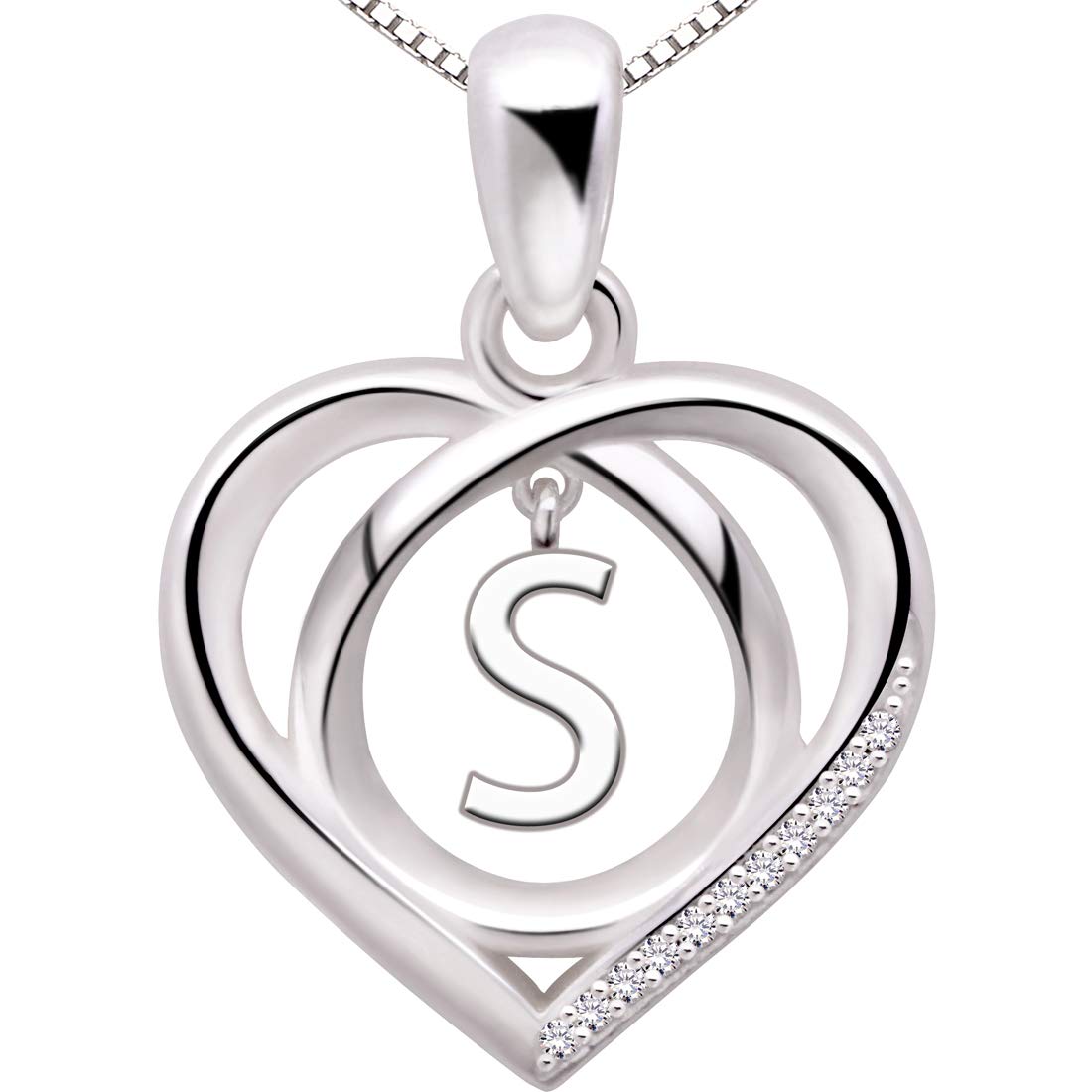 ALOV Jewelry Sterling Silver Initial S Letter Alphabet Love Heart Cubic Zirconia Pendant Necklace
