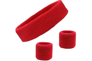 Kenz Laurenz Sweatband Set Cotton Sports Headband Terry Cloth Wristband Moisture Wicking Sweat Absorbing Head Band Athletic Exercise Basketball Wrist Sweatbands and Headbands