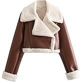 utcoco Womens Leather Jacket Faux Fur Moto Jacket Winter Trench Coat Cropped Shearling Jacket