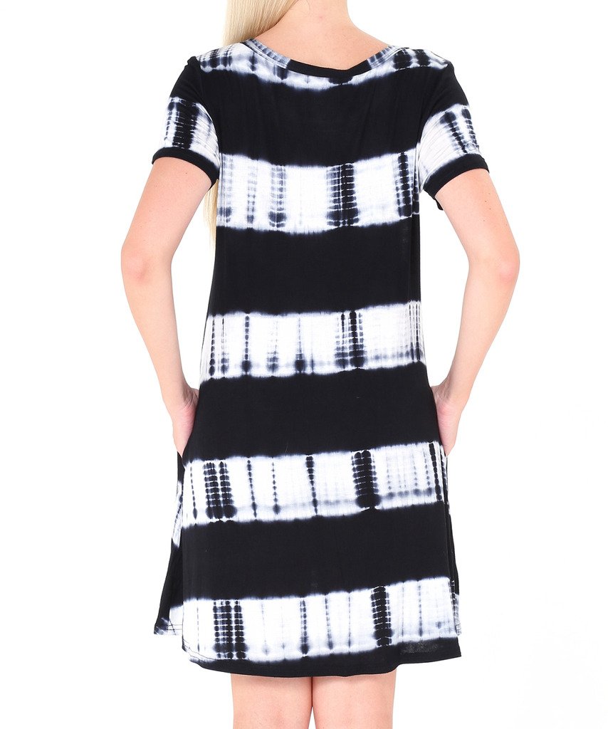 Women\'s Ombre Swing Dress Short Sleeve Tie Dye Dress with Pockets Black M