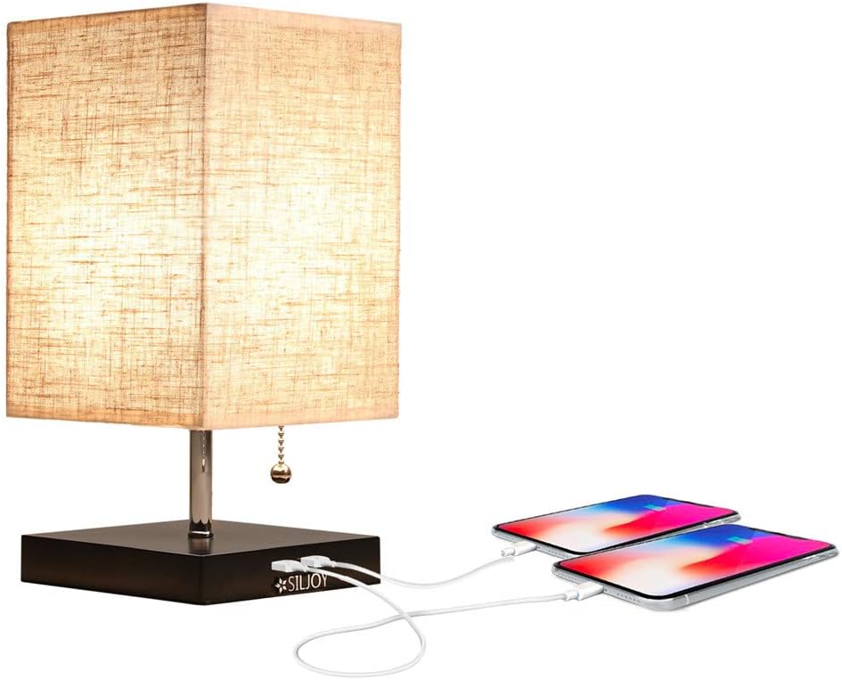Grace Modern Desk Lamp, USB Table Lamp, Bedside Table & Desk Lamp with Black Wooden Base & Soft Ambient Lighting, Useful 2 USB Charging Ports Perfect for Table in Bedroom Living Room or Office