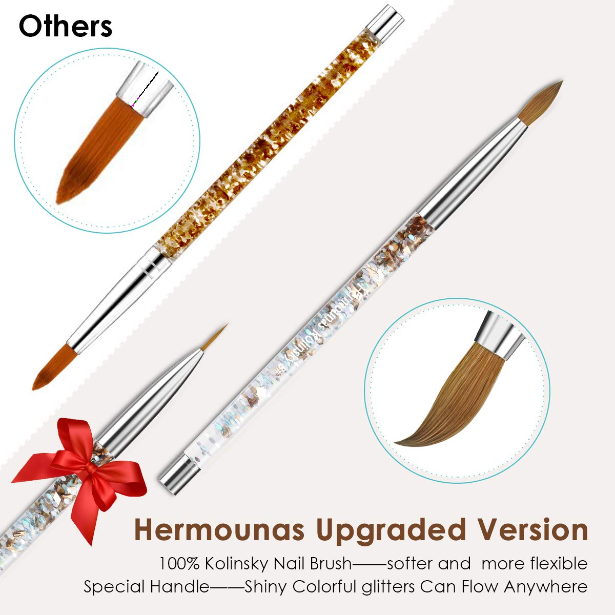 100% Kolinsky Sable Nail Brush, Hermounas Acrylic Nail Art Brush Size 8 Round Oval for Acrylic Powder Manicure Pedicure Application with Special Liquid Glitter Handle : Beauty