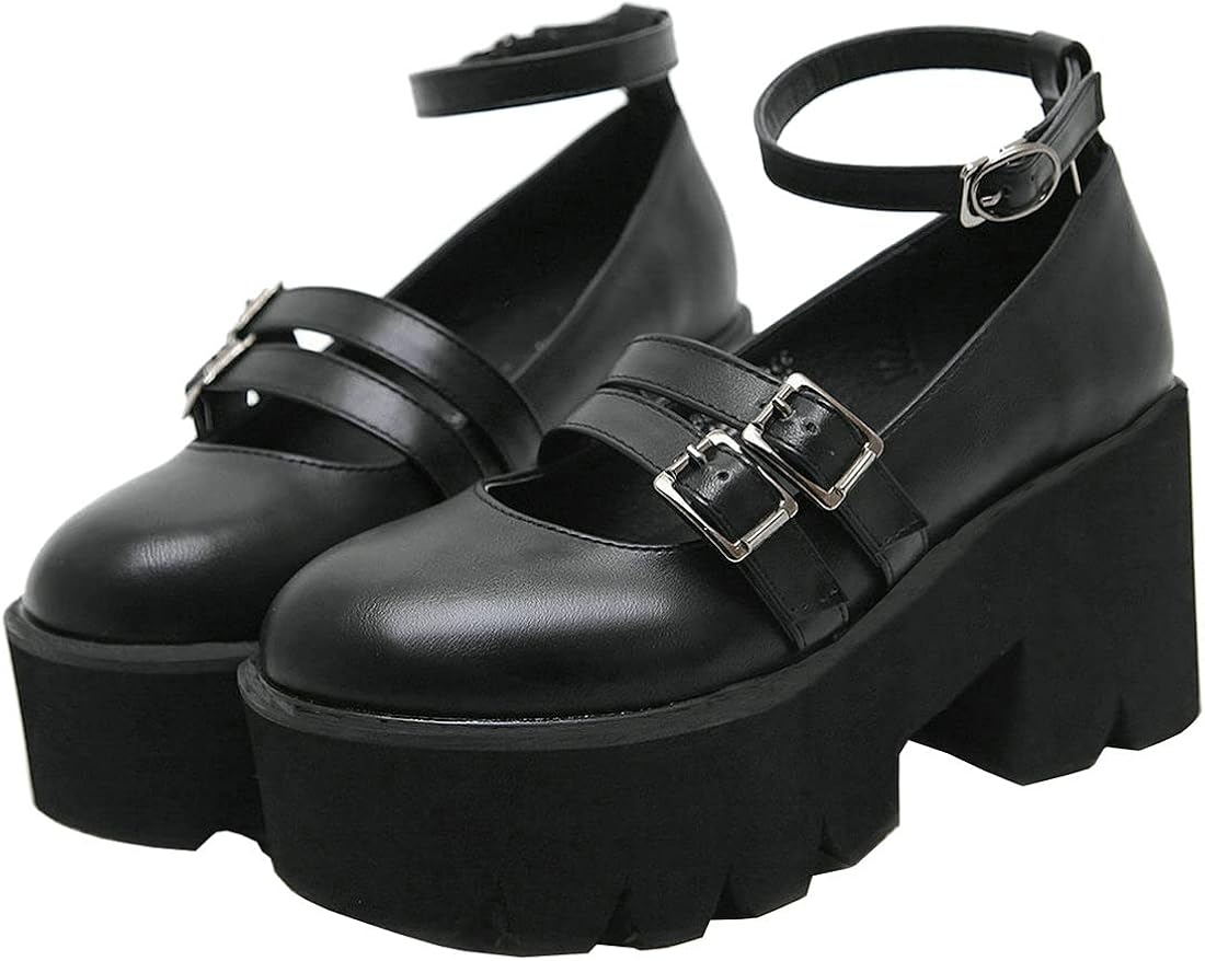 MAVMAX Women's Goth Mary Jane Shoes Buckle Platform Chunky High Heel Punk Gothic Pumps US 8