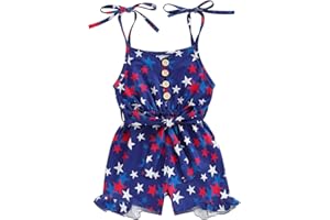 Okbabeha 4th of July Outfit Toddler Girl Stars Stripe Flag Tie-Up Romper Overall Shorts Little Girls 4th of July Clothing