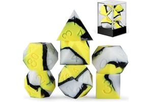 Silicone DND Dice, DNDND 7PCS Silicone D&D Dice Set with Clear Plastic Display Case for Dungeons and Dragons Role Playing Games and Tabletop Games（Yellow Black White