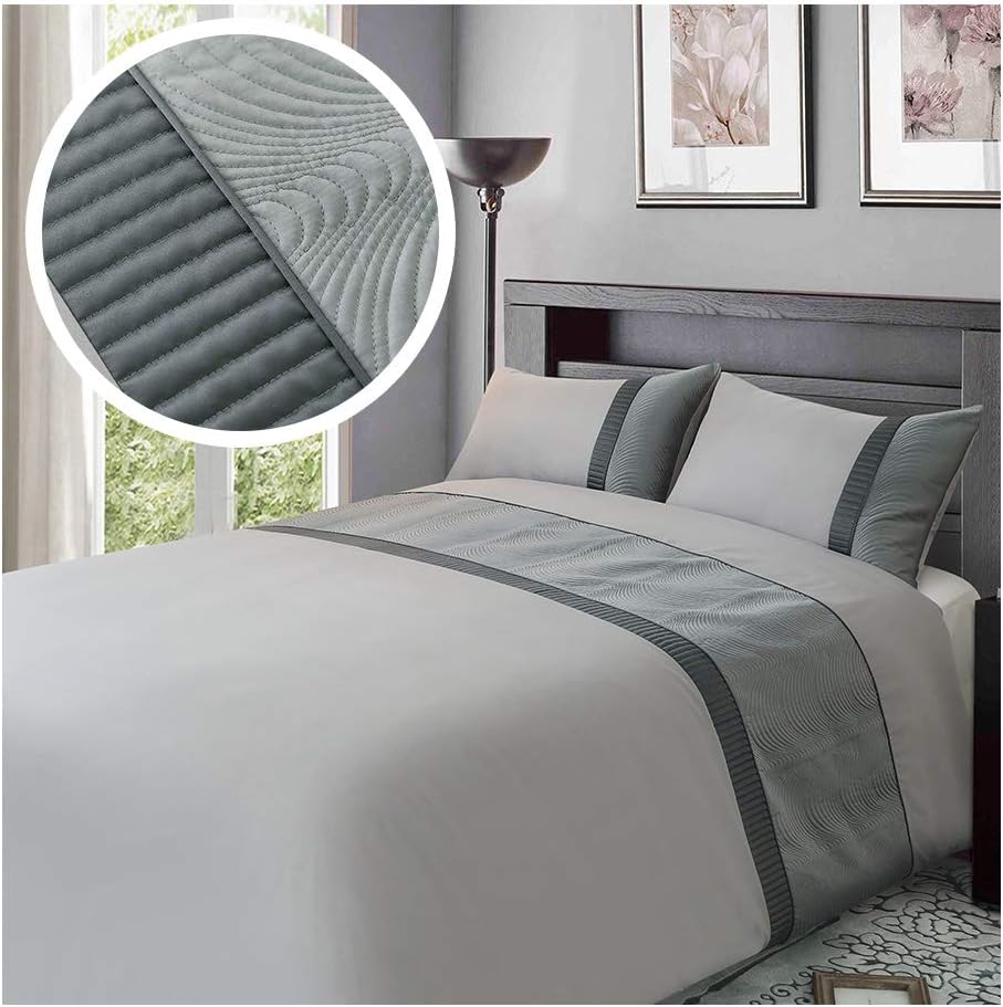 Eleanor Fashion Home Duvet Cover Set Silver Grey Embroidery, Satin Bedding Quilt with 2 Pillowcases, Microfiber for Hotel and Family (Super King, Silver Grey)