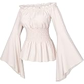 Irtysh Womens Renaissance Victorian Peasant Ruffle Smocked Waist Boho Pirate Shirt Blouse Cosplay Costume