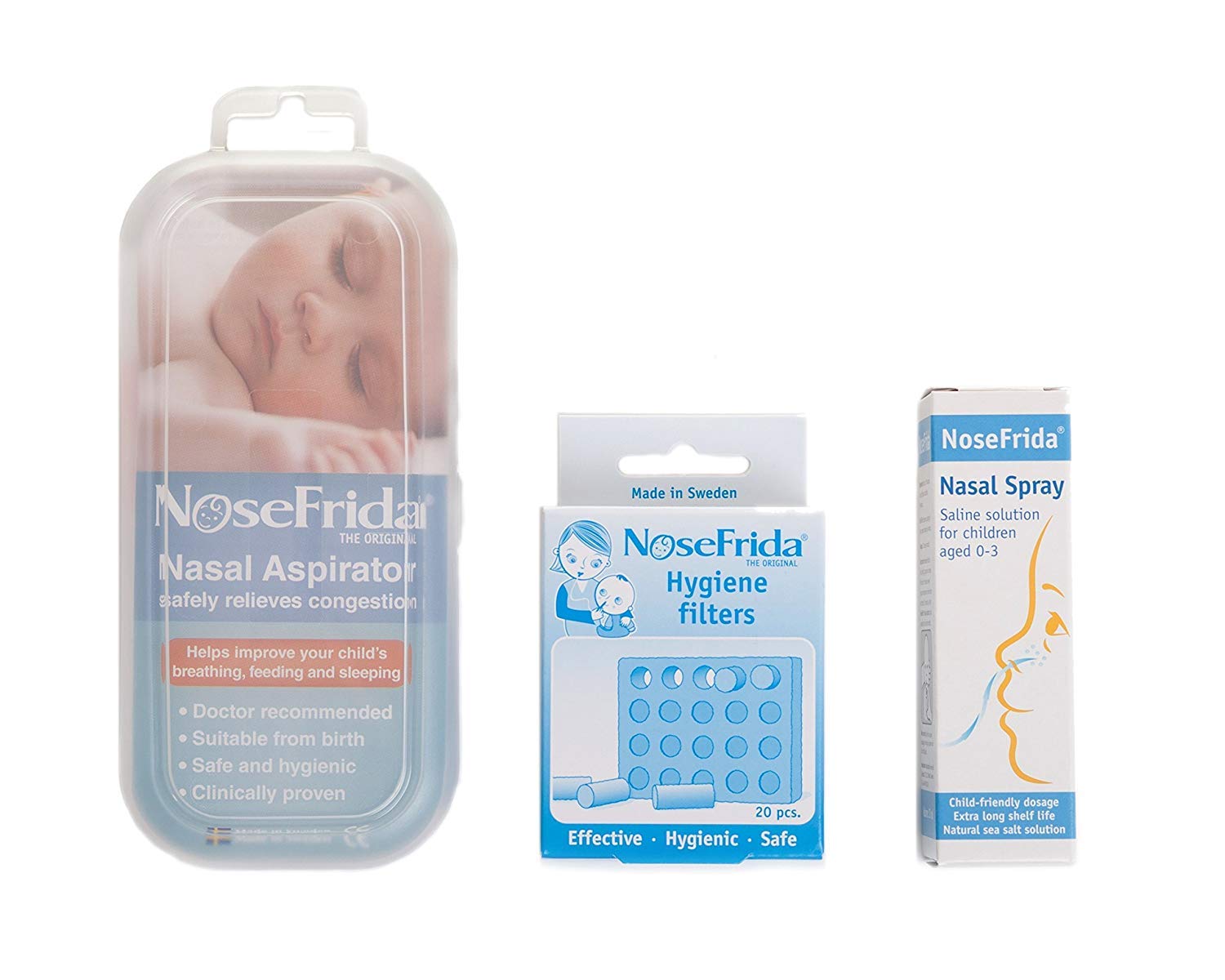 Nosefrida Bundle Pack Contains 1 x Nosefrida Nasal Aspirator/1 x Nosefrida Nasal Spray/1 x Nosefrida Spare Filter - Pack of 20 Refills