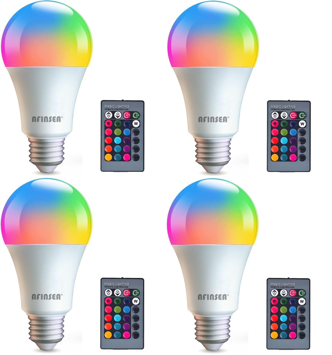 Photo 1 of AFINSEA 4 Pack RGB Color Changing Light Bulbs with Remote,RGBW LED Light Bulbs,9W Warm White 6500K,16 Color Multicolor A19 E27 Dimmable Memory Function,for Home Decoration,Stage,Bar,Party