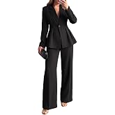 Ekaliy Pant Suits for Women 2 Piece Set Business Casual Outfits | V Neck Blazer Long Sleeve Fall Jackets, Straight Long Pant with Pockets, Dressy Outfits, Professional, Office Work