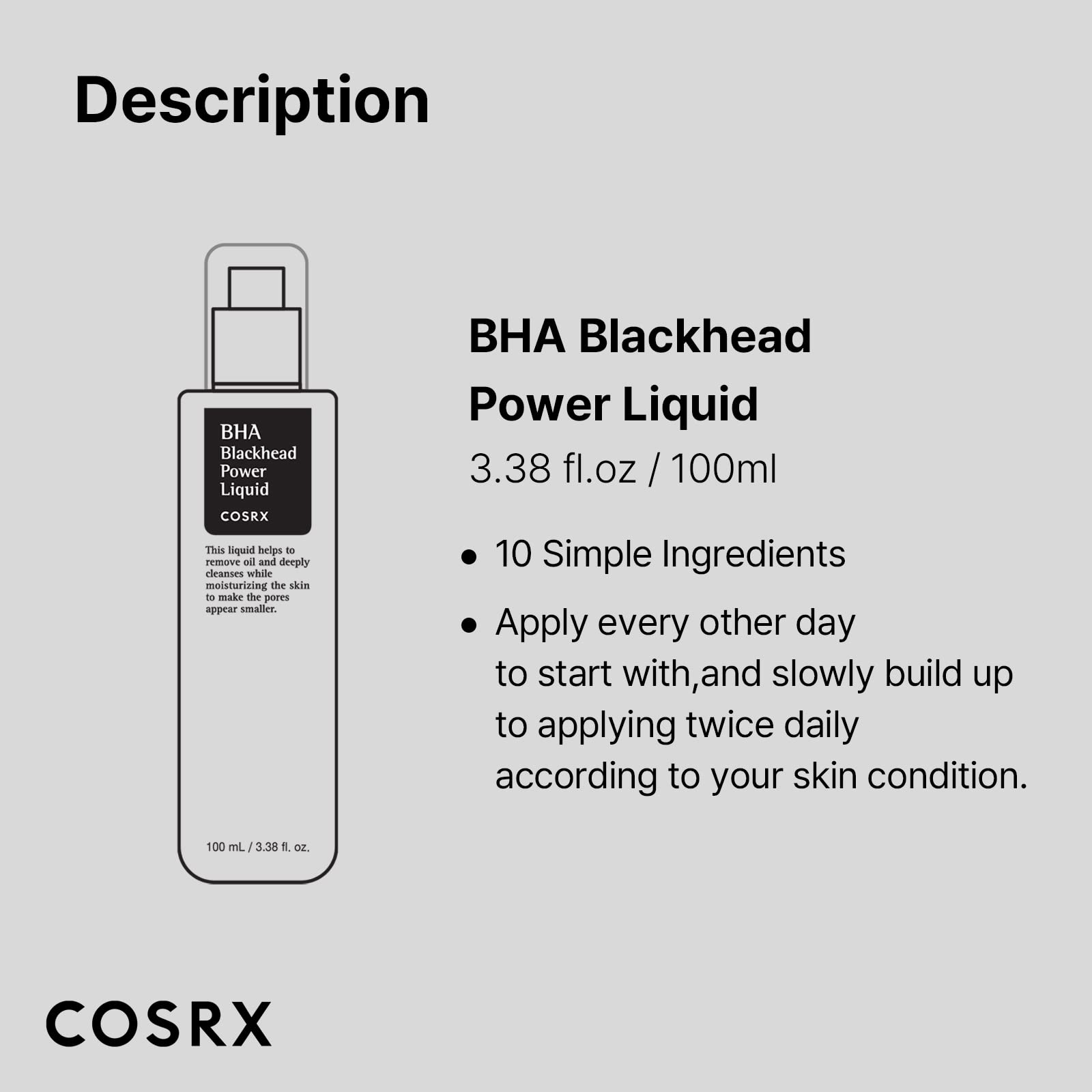 COSRX Niacinamide 2% + BHA 4% Blackhead Exfoliant Toner 3.38 fl.oz / 100ml, Korean Toner, Blackhead Remover, Pore Minimizer for Enlarged Pores, For All Skin Types, Korean Skin Care
