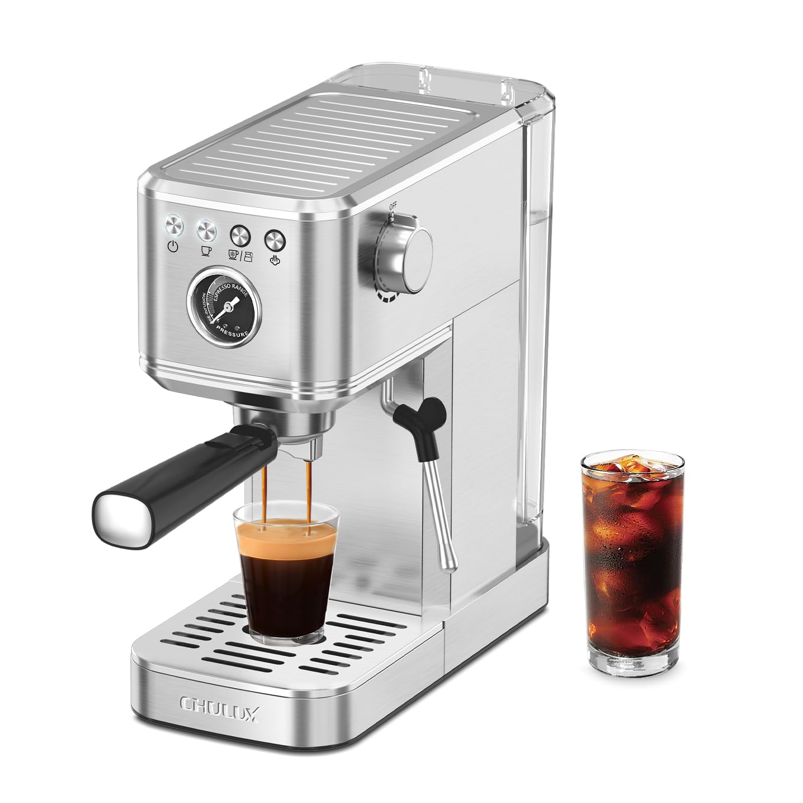 Photo 1 of CHULUX Elite Espresso Machine 20 Bar, Compact Stainless Steel Hot and Ice Espresso Coffee Maker with Steam Wand for Americano, Latte, Cappuccino & Home Barista Brewing, Sliver