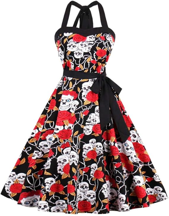 Lover-Beauty Vestido Mujer Halloween Hepburn Sexy Fiesta Manga Corta y Manga Larga Calabazas Calavera 50s Vintage Rockabilly Dress Retro Cocktail S-5XL