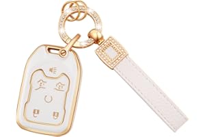 EKALA for GMC Key Fob Cover with Leather Key Fob Keychain, 6 Buttons Soft TPU Keys Shells White Key Fob Cover Compatible with GMC Terrain Yukon Chevrolet Suburban Tahoe Key Fob Protector(P-GMCC)