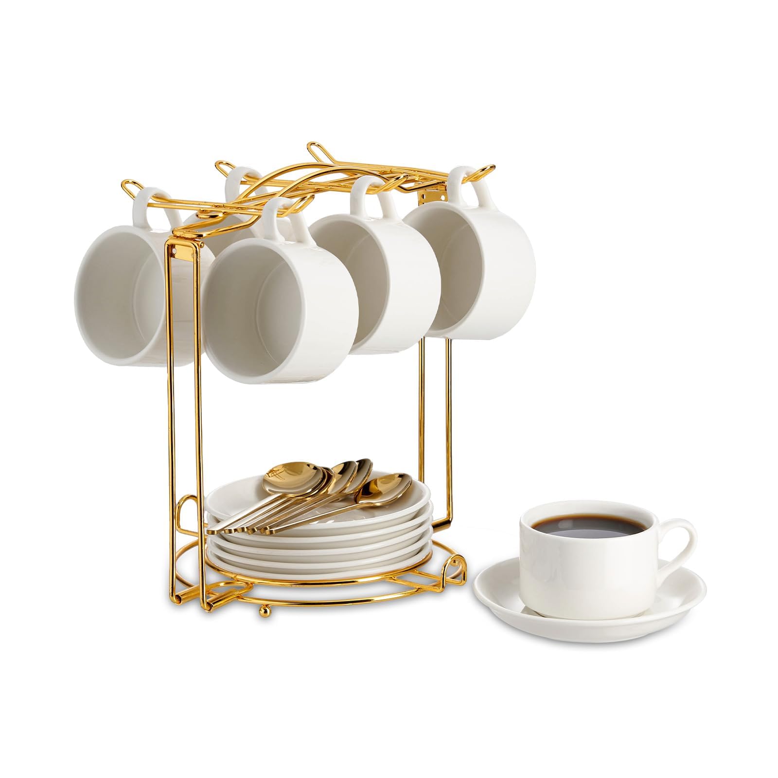 Photo 1 of *MINOR DAMAGE - USED*
YOLIFE Espresso Cups with Saucers Set and Gold Metal Stand, 2.5oz Expresso Shots Cup with Stand & Saucers, Ceramic Coffee Espresso Cups Set of 6, White