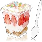 Hiasobre 50Pack 5oz Plastic Dessert Cups with Lids and Spoons, Reusable Clear Parfait Appetizer Cups, Square Party Shooter Serving Cup, Mini Dessert Shot Glasses for Tasting
