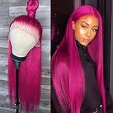 Maycaur Long Straight Hot Pink Lace Front Wigs Pre Plucked Hairline Glueless Hair Rose Red Synthetic Lace Front Wigs for Fashion Women Heat Resistant Fiber