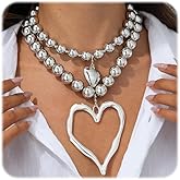 Chunky Heart Necklaces for Women Y2k Large Hollow Heart Necklaces Big Pearl Beads Love Pendant Necklace Exaggerated Layered Double Hearts Choker Necklace Dainty Statement Jewelry Gift