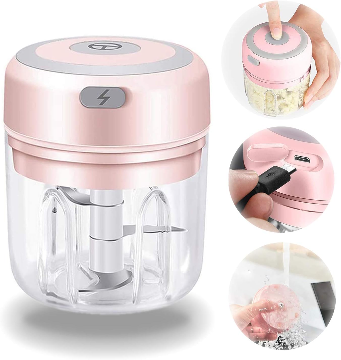 Electric Mini Garlic Chopper 250ML, Portable Wireless Meat Press Chopper with USB Charging, Small Waterproof Food Processor, Blender Masher for Vegetable Chili Pepper Onion Nuts Fruit (Pink 250ml)