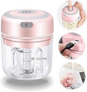 Electric Mini Garlic Chopper 250ML, Portable Wireless Meat Press Chopper with USB Charging, Small Waterproof Food Processor, Blender Masher for Vegetable Chili Pepper Onion Nuts Fruit (Pink 250ml)