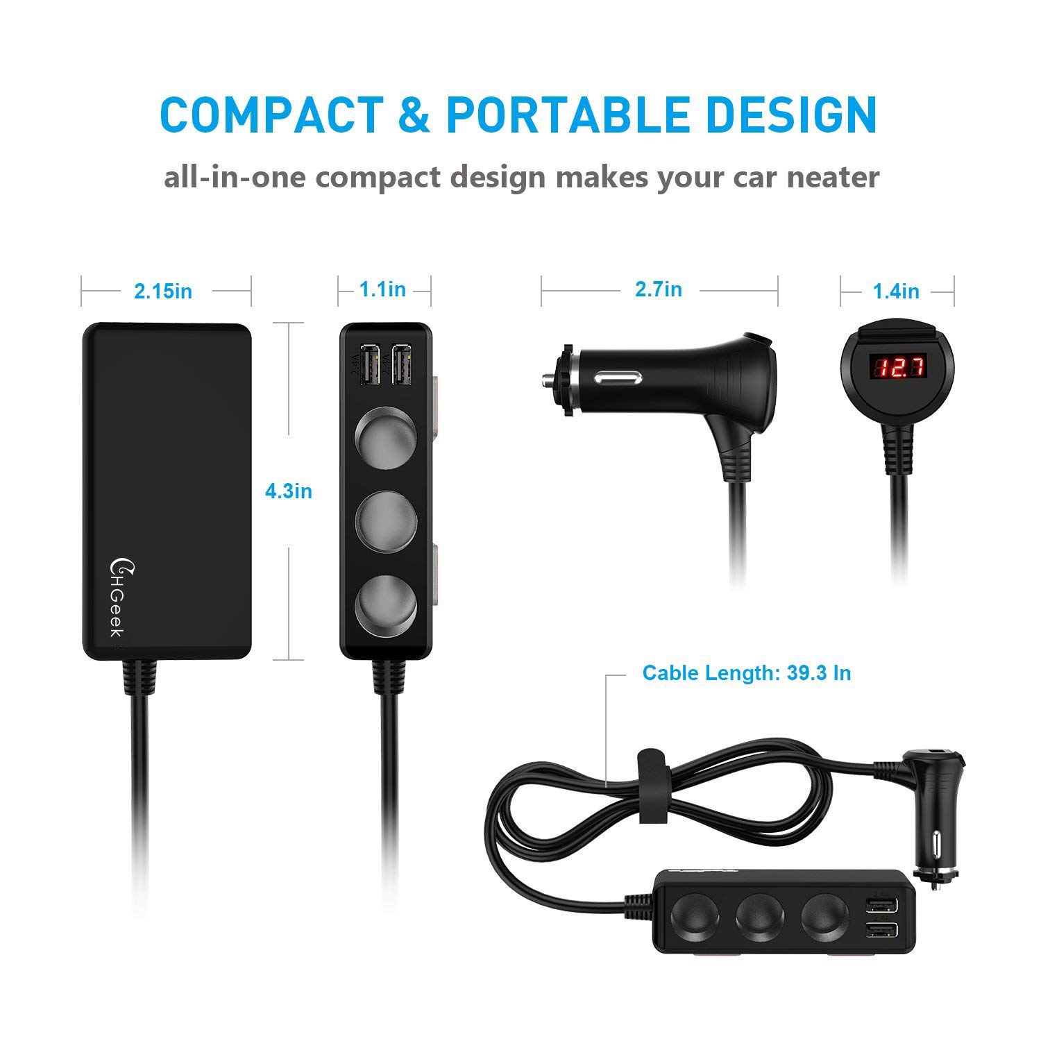 Tesla\'s 3-Socket Cigarette Lighter Car Charger, [Built in Temperature Smart Detection] 120W Car Power Adapter 12V/24V DC Outlet with 6.8A 4-Port Car Charger for GPS, Dash Cam, Radar Detector, Sat Nav; iPhone, Samsung, iPad, Kindle and Othe