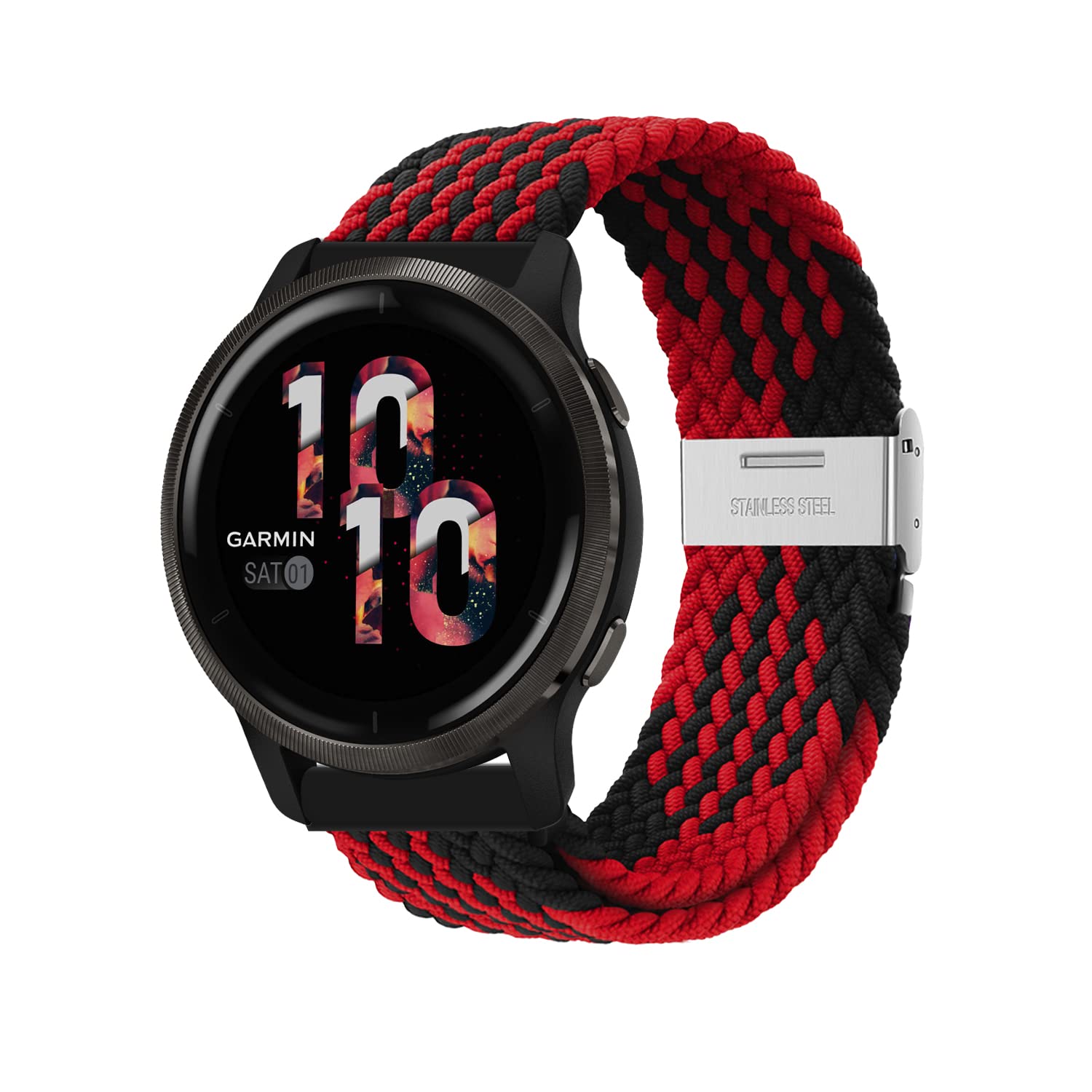 Niboow 22mm Strap for Garmin Venu 3/Venu 2/Vivoactive 4/Forerunner 265/Forerunner 255/Forerunner 255 Music, Elastic Nylon Watch Bands for Huawei Watch GT 4 46mm/Watch 4/Watch 4 Pro - Black/Red — image 1