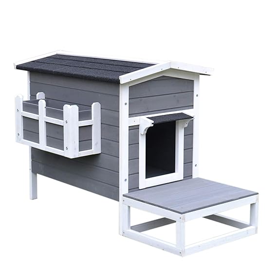 PawHut Katzenhaus Katzenhütte Katzenhöhle Kleintierhaus mit Terrasse und Balkon für Katzen Hunde Tannenholz Grau + Weiß 115 x