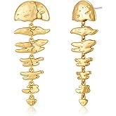 HESSAWELL Gold Long Dangle Earrings for Women Fishbone Design Statement Drop Earrings Trendy Jewelry for Party Date Daily Wear